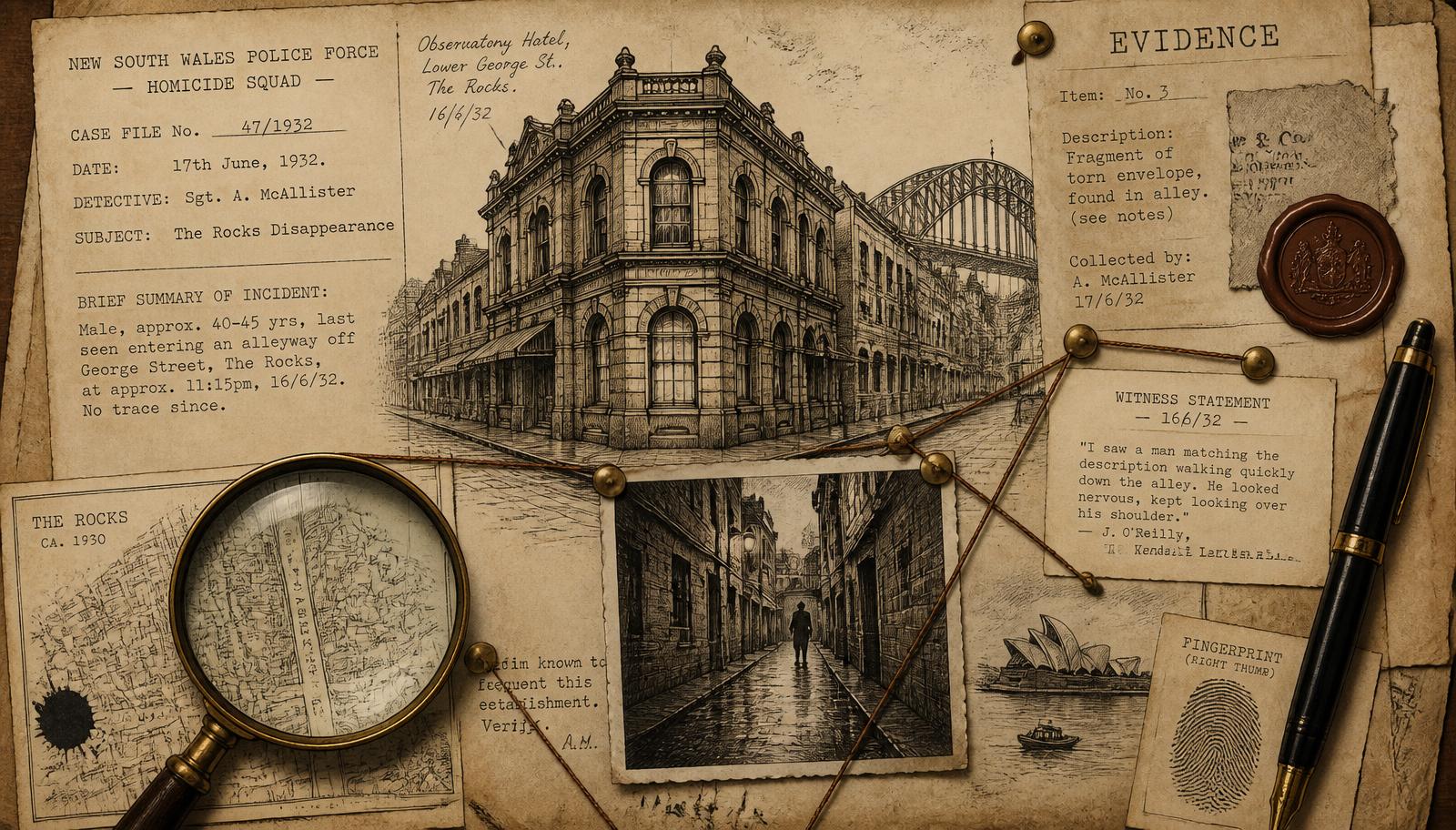Vintage detective case file with pen-and-ink Sydney streetscape, magnifying glass and a wax seal